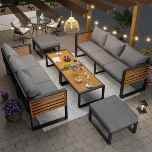 Salon de jardin inclinable – 6 à 8 places – Structure en fer – Gris