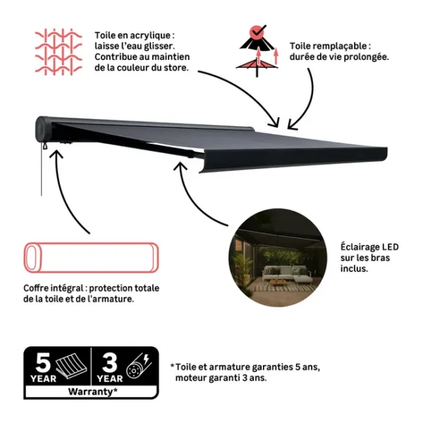 media (2) Store banne motorisé Loby XL – Gris – 4,95 x 3,5 m – Avec éclairage LED