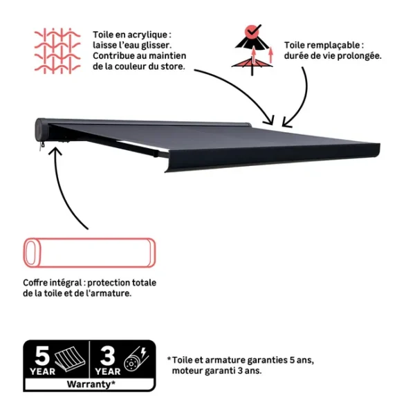 Store banne motorisé Loby XL – 4,95 x 3,5 m – Gris – Toile acrylique grise