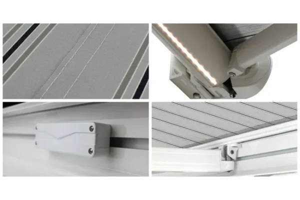 Store banne coffre intégral PROTECT 2 LED SMART – Blanc – 6 x 3,5 m – Motorisé – Toile grise rayée