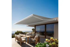 media Store banne coffre intégral PROTECT 2 LED SMART – Blanc – 6 x 3,5 m – Motorisé – Toile grise rayée