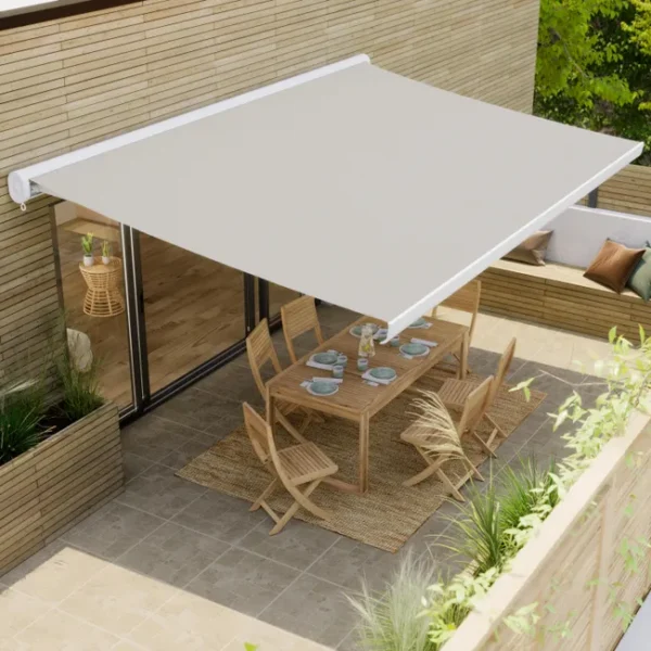 Store banne motorisé Naterial Loby L – 3,95 x 3,5 m – Blanc – Toile acrylique beige