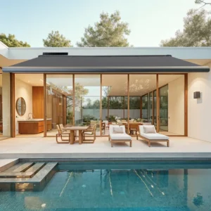 Store banne motorisé solaire Aix2 XL – 4 x 3,5 m – Gris – Toile acrylique ardoise