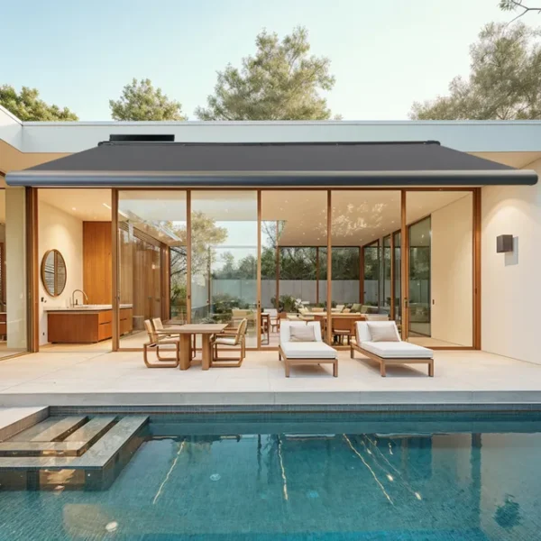 Store banne motorisé solaire Aix2 XL – 4 x 3,5 m – Gris – Toile acrylique ardoise