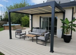 media Pergola bioclimatique autoportante Ménéa – Aluminium noir – 12 m² – LED intégrées