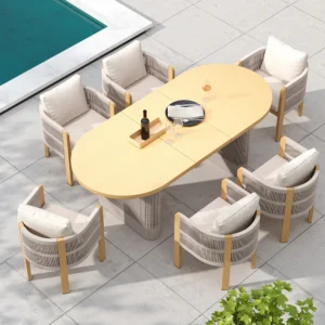 Ensemble de salle à manger d'extérieur en aluminium 7 pièces avec dessus de table extensible, fauteuil tissé pour 6
