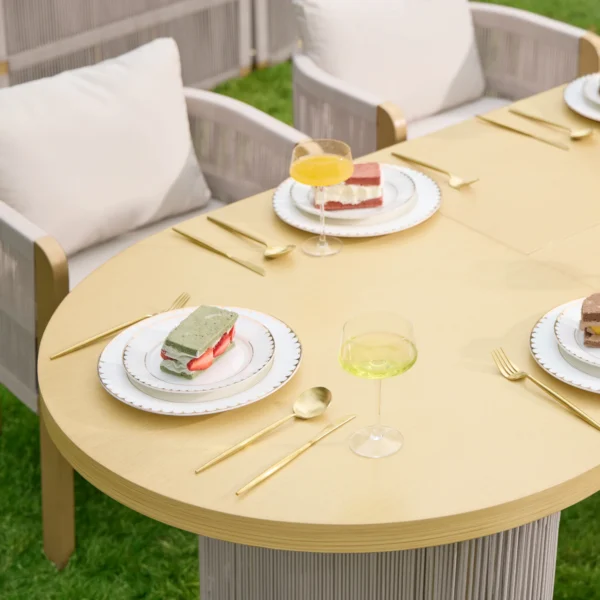 Ensemble de salle à manger d'extérieur en aluminium 7 pièces avec dessus de table extensible, fauteuil tissé pour 6