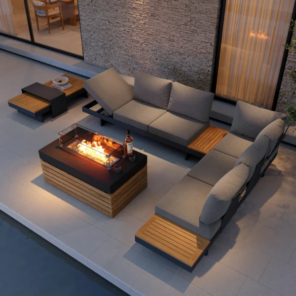 Ensemble canapé Tevara 4 pièces modulable en teck et aluminium, 6 places, Gris