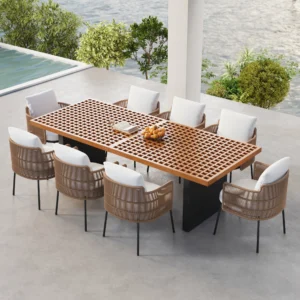 Ensemble de repas de jardin rectangulaire Grida 9 pièces avec 8 chaises en teck et résine tressée