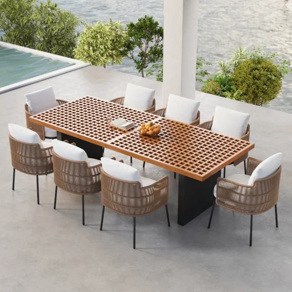 Ensemble de repas de jardin rectangulaire Grida 9 pièces avec 8 chaises en teck et résine tressée