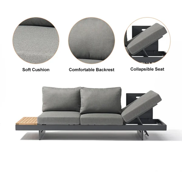 Ensemble canapé Tevara 4 pièces modulable en teck et aluminium, 6 places, Gris