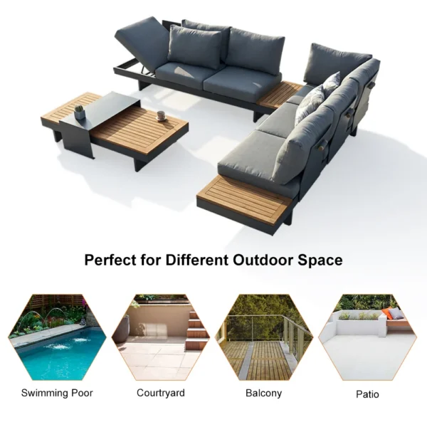 Ensemble canapé Tevara 4 pièces modulable en teck et aluminium, 6 places, Gris