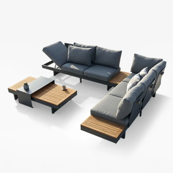Ensemble canapé Tevara 4 pièces modulable en teck et aluminium, 6 places, Gris