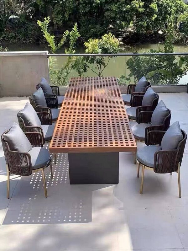 Ensemble de repas de jardin rectangulaire Grida 9 pièces avec 8 chaises en teck et résine tressée