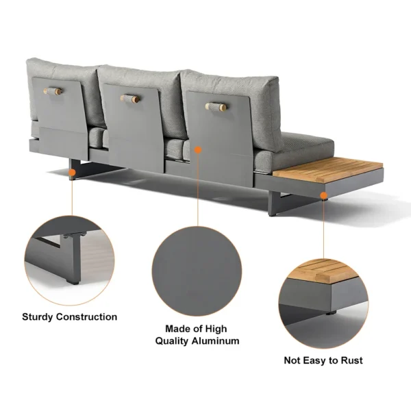 Ensemble canapé Tevara 4 pièces modulable en teck et aluminium, 6 places, Gris