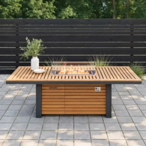 Table à manger d'extérieur Tevara de 240 cm (94,5") avec foyer au propane, réservoir dissimulé et pare-brise